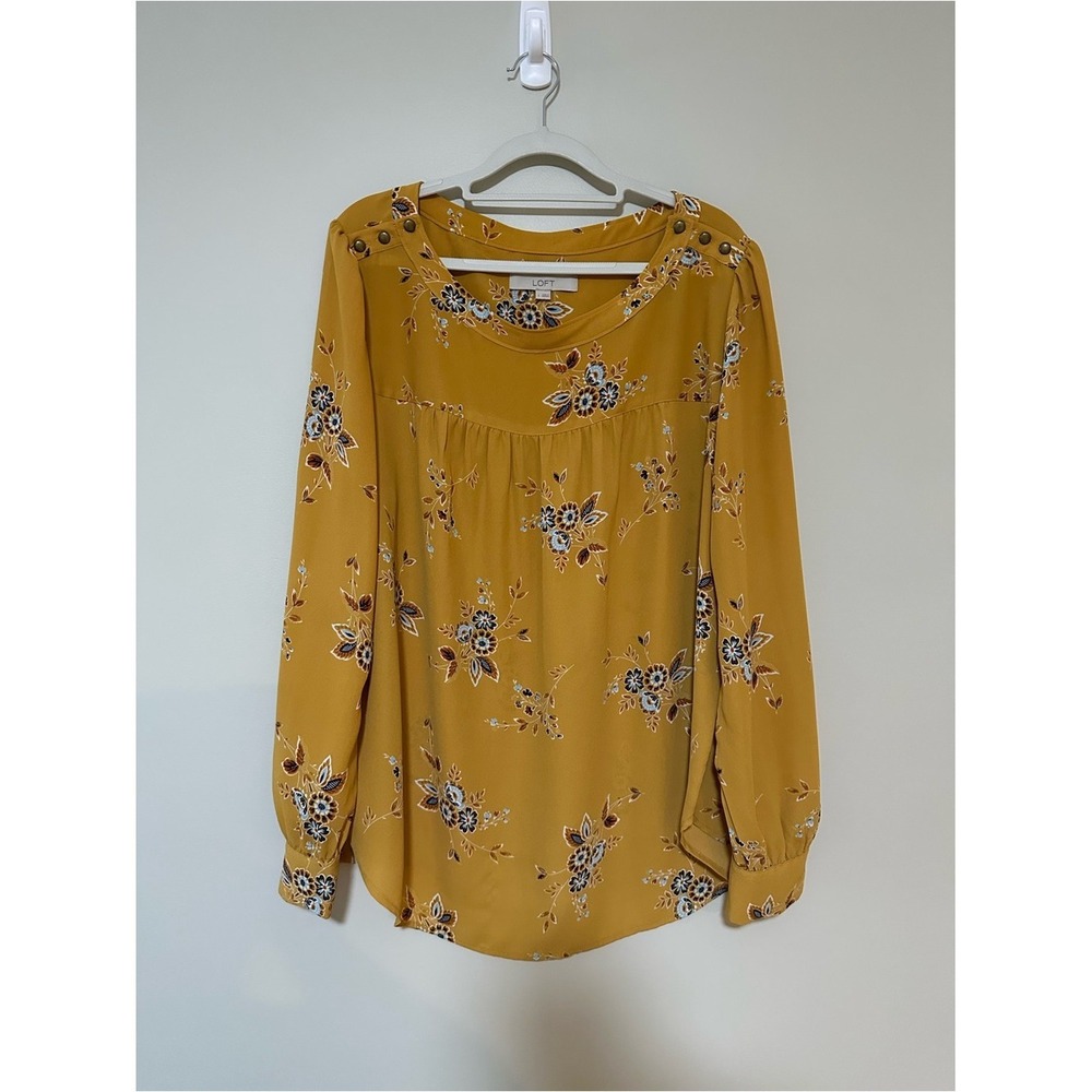 Cottagecore Boho LOFT Tunic Top L Mustard Yellow Floral Button Shoulder Tunic